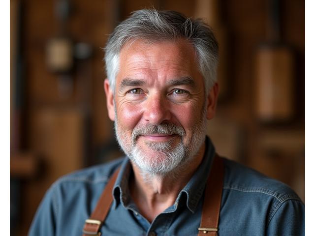 Portrait of Elias Vance, a master woodworker with keen eyes, in his workshop.
