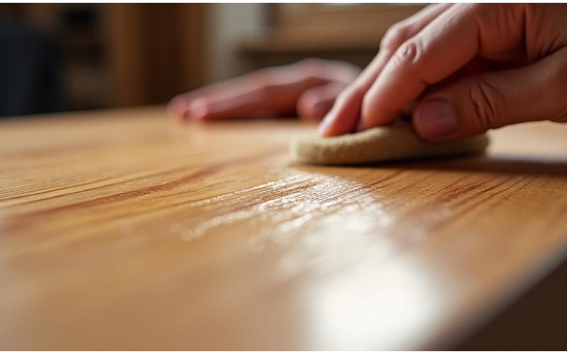 Artisan applying a smooth finish to a wooden door surface with a polishing tool